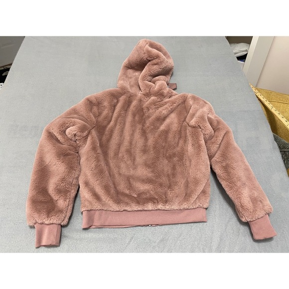 Athleta Faux Fur Hooded Bomber Jacket Dusty Rose Pink XXS Zip Up Cozy Warm - Picture 2 of 11